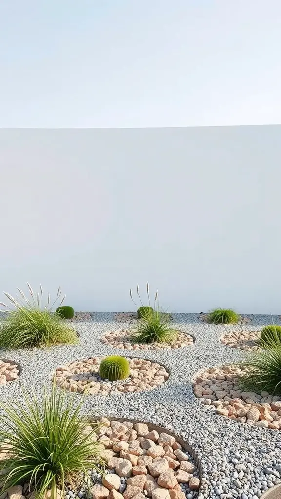 17 Stunning Front Yard Landscaping Ideas for a Beautiful Home Exterior 16 A contemporary gravel garden featuring circular patches of stones and green plants.