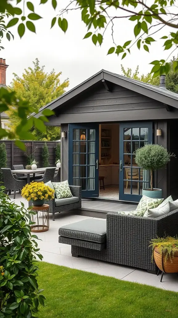 23 Inspiring Garden House Ideas for Your Outdoor Oasis 10 A contemporary outdoor living space featuring a garden house with dark exterior, cozy seating, and vibrant plants.
