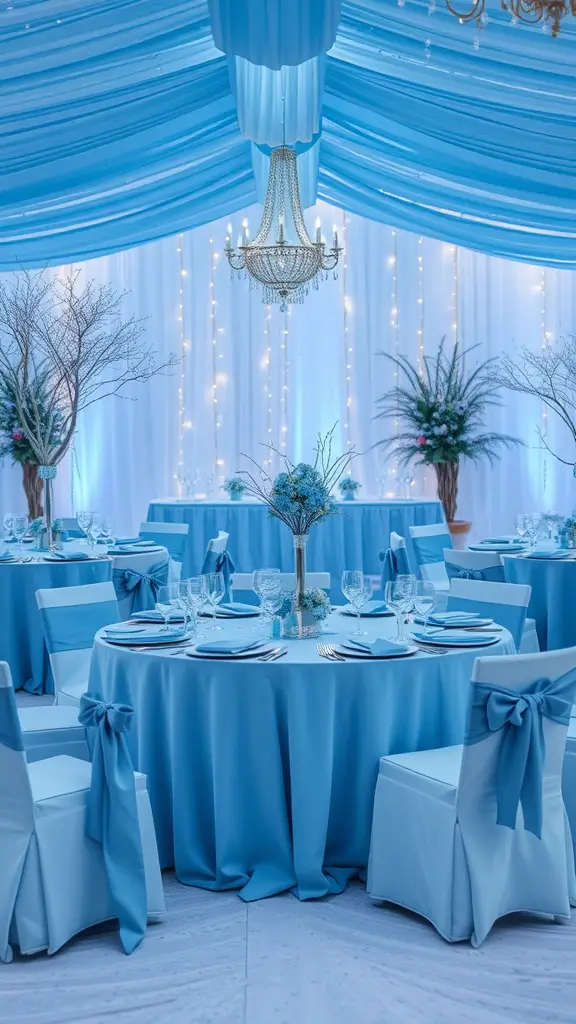A winter wedding setup featuring cool blue decor with silver accents, including tables with blue tablecloths, matching chair sashes, and a chandelier.