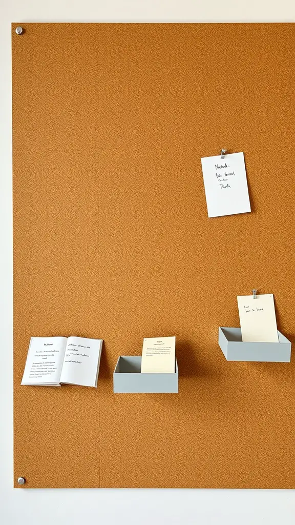 19 Creative DIY Storage Box Ideas You Need to Try 10 A corkboard with a warm tone, featuring pinned notes and small gray storage boxes.