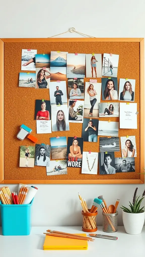 A corkboard with various photos and notes pinned on it, surrounded by organized craft supplies.