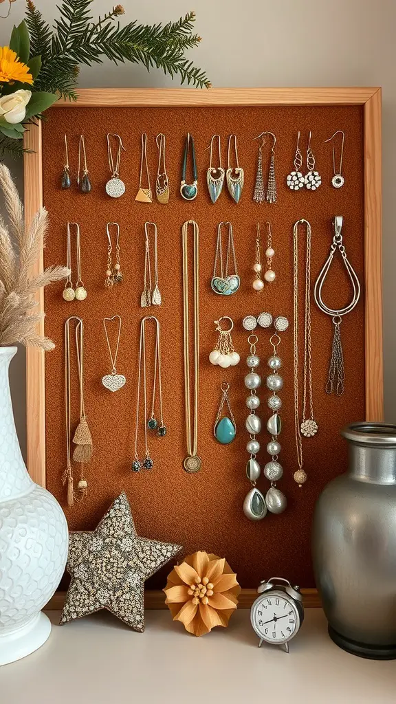 A corkboard jewelry display featuring various earrings and necklaces, with decorative items like a star and a flower.