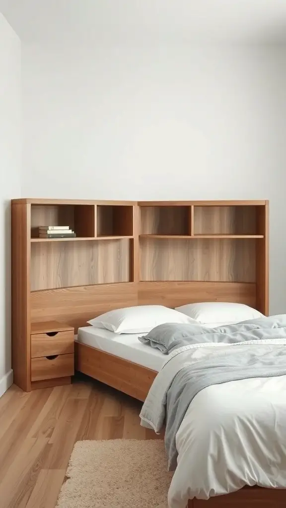 25+Creative Bed Frame with Storage Ideas You’ll Love 15 A corner bed frame with built-in shelves and drawers, featuring a wooden finish and a cozy bedding arrangement.