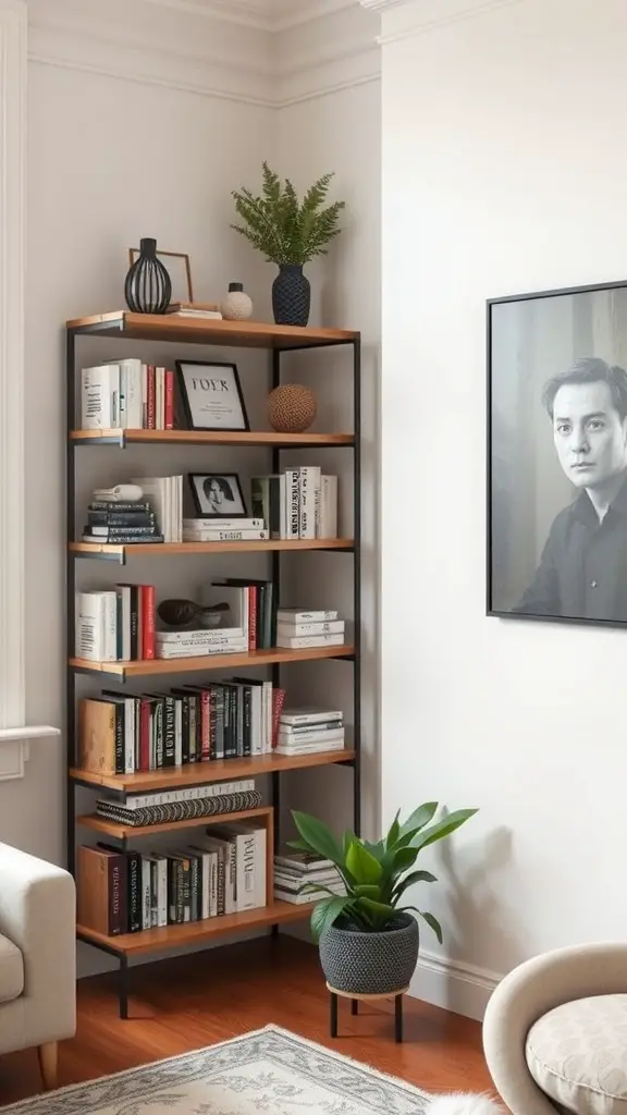 23 Creative Book Storage Ideas for Every Home 6 A stylish corner shelf displaying books, decorative items, and a plant in a cozy living room.