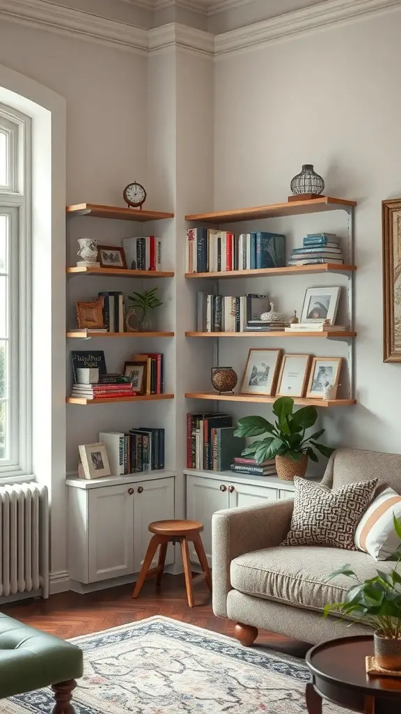 21 Creative Wall Storage Ideas to Maximize Your Space 12 A cozy living room corner with wooden corner shelves displaying books and decorative items.