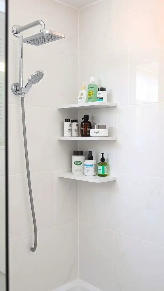 15+ Stylish Shower Storage Ideas to Maximize Space 9 Corner shelves in a shower holding various bottles and jars