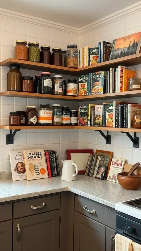 17 Smart Small Kitchen Storage Ideas You’ll Love 17 Corner shelves in a kitchen filled with jars, spices, and cookbooks.