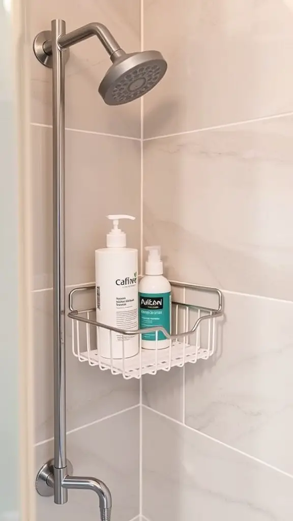19+Stylish and Functional Shower Caddy Ideas to Organize Your Space 4 A modern corner shower caddy with shampoo and body wash bottles in a shower.