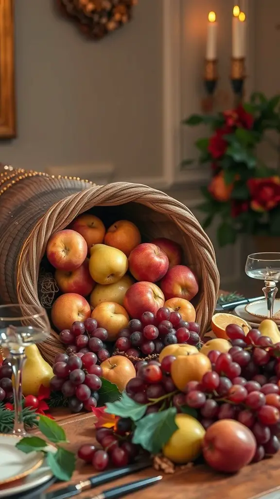 17 Stunning Fall Centerpieces for Your Dining Table 7 A cornucopia filled with apples, pears, and grapes on a table, surrounded by greenery and elegant tableware.