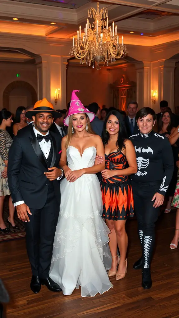 A group of friends at a Halloween wedding, showcasing a mix of elegant and costume-inspired attire.
