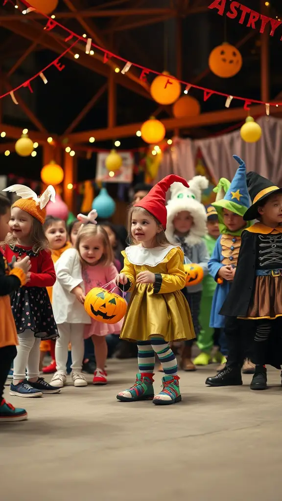 A group of children in colorful Halloween costumes at a birthday party, holding pumpkin buckets.