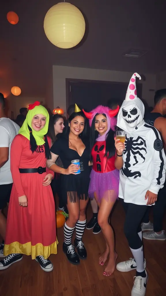 21 Spooktacular Halloween Party Ideas for a Frightfully Fun Celebration 2 Four friends in colorful Halloween costumes at a party