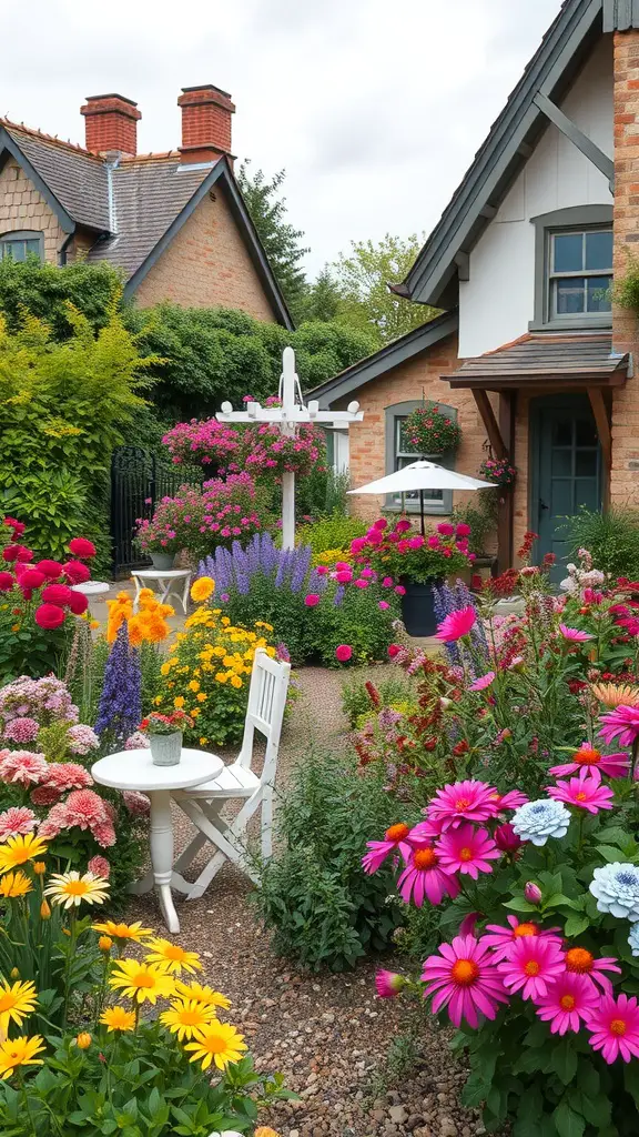 A colorful cottage garden with various flowers and a white table and chair.