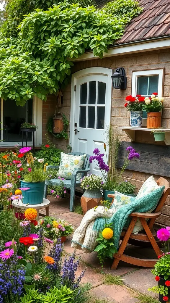 A cozy cottage garden with a mix of colorful wildflowers and comfortable seating.