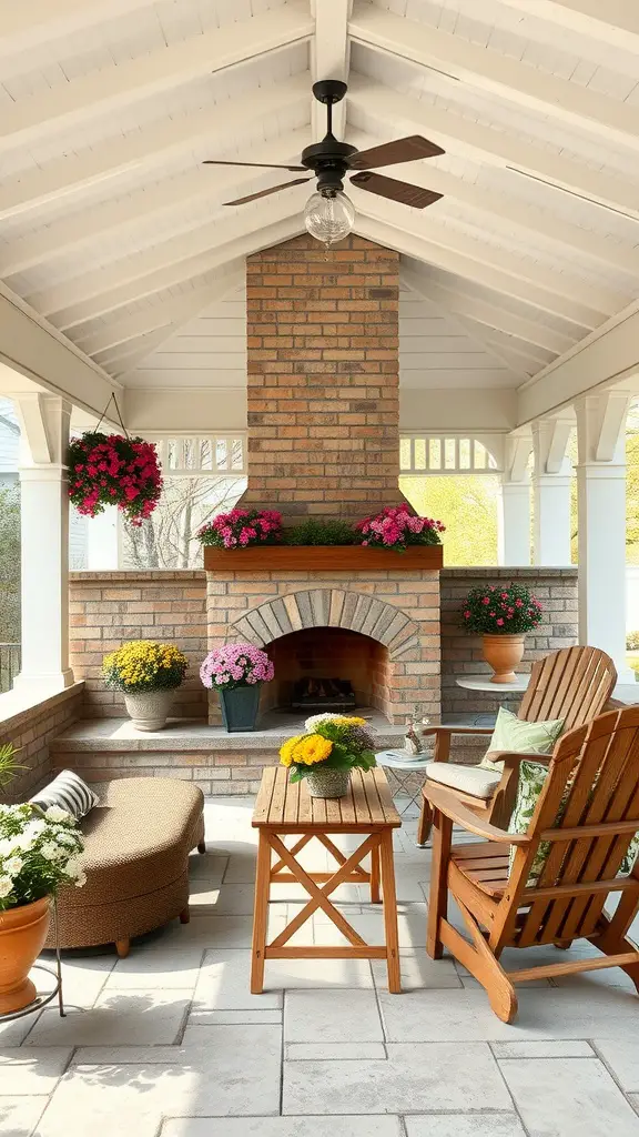 27 Cozy Outdoor Covered Patios with Fireplaces for Ultimate Comfort 13 Cozy outdoor covered patio with a fireplace, wooden furniture, and colorful flowers.