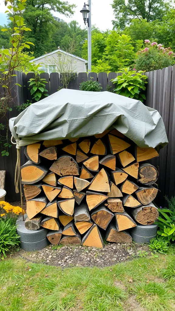 19 Creative Outdoor Firewood Storage Ideas You'll Love 10 A neatly stacked pile of firewood covered with a tarp, surrounded by greenery and flowers.