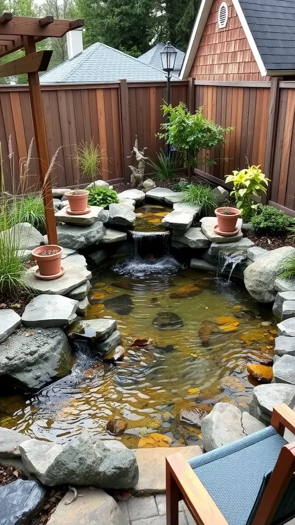 Cozy backyard pond with rustic wood features, surrounded by stones and plants.