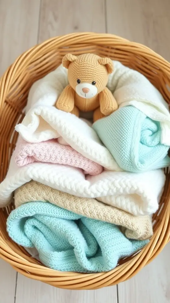 21 Thoughtful Baby Shower Basket Gift Ideas 7 A wicker basket filled with soft baby blankets in pastel colors and a small teddy bear on top.
