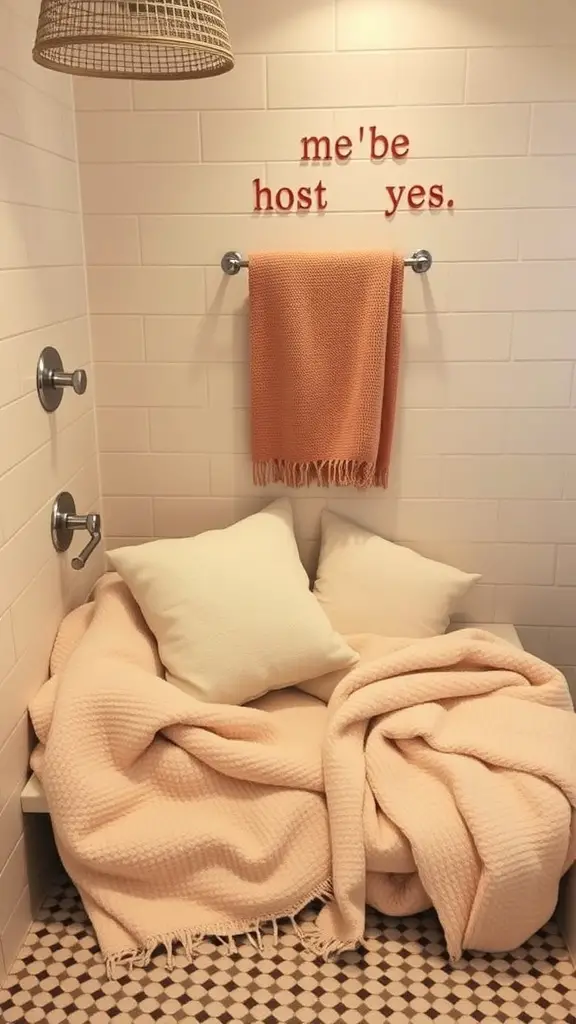 17 Creative Baby Shower Ideas for a September Celebration 5 A cozy blanket station with soft pink blankets and pillows, creating a warm atmosphere.