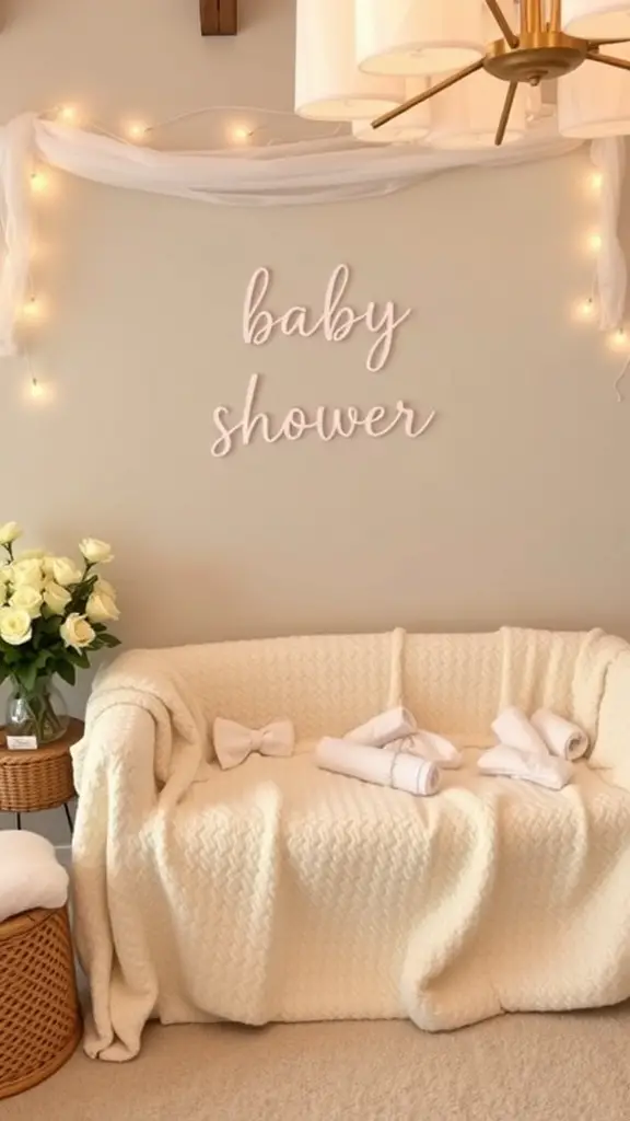 23 Creative Baby Shower Ideas for October Celebrations 4 Cozy blanket station with a white couch, fluffy blanket, and decorative elements for a baby shower.