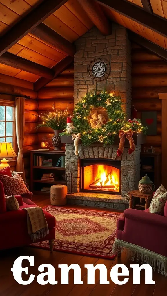 15 Creative Christmas Party Theme Ideas for Your Holiday Celebration 14 A cozy cabin interior with a fireplace, red sofas, and festive decorations.