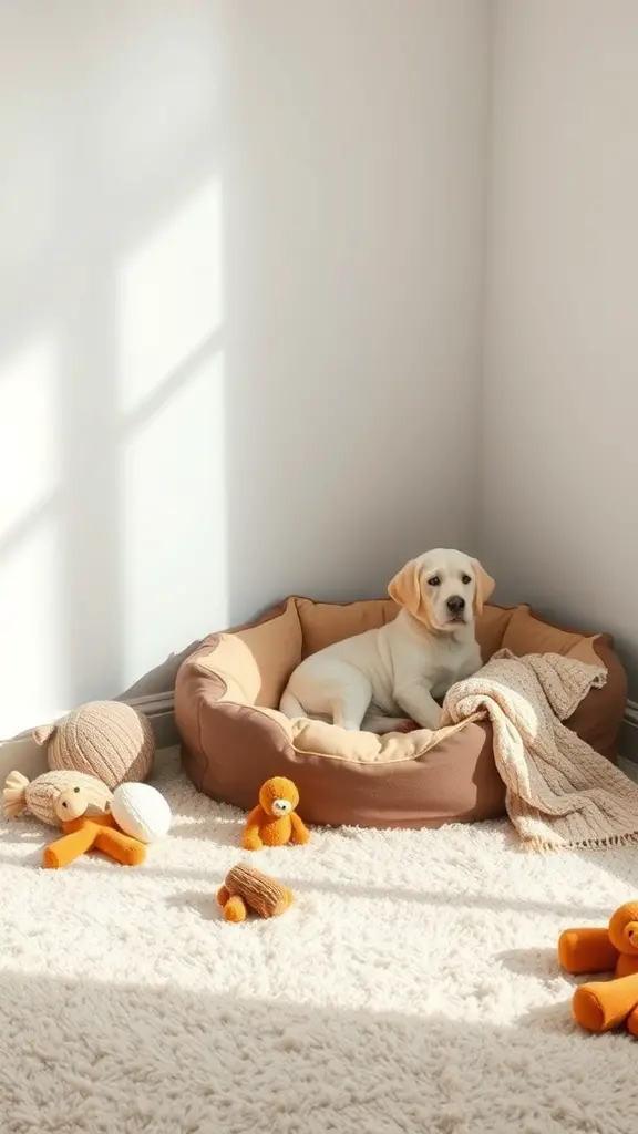 A cozy corner for a dog featuring a soft bed, toys, and a warm atmosphere.