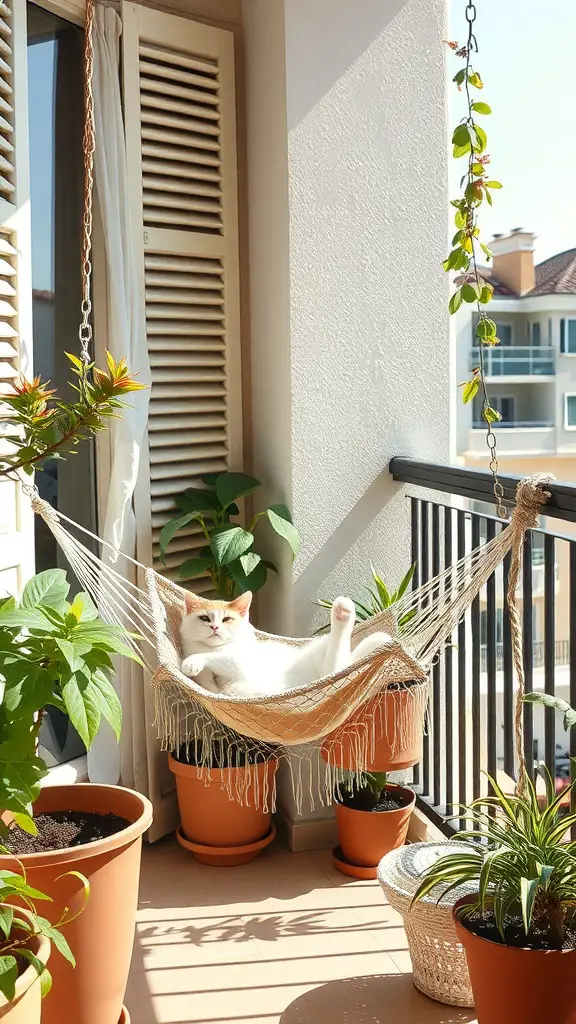 21 Creative Cat Balcony Ideas for a Purr-fect Outdoor Retreat 2 A cat lounging in a hammock on a sunny balcony surrounded by potted plants.
