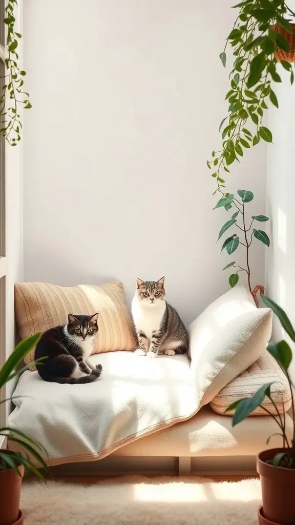 15 Creative Cat Room Ideas You’ll Love 6 Two cats resting on a cozy couch with plants around them