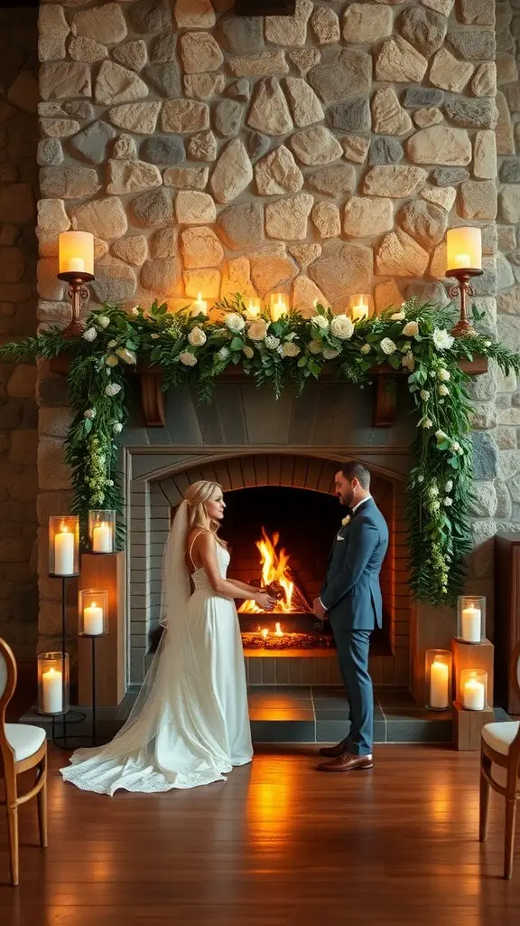 Couple exchanging vows in front of a fireplace decorated with candles and flowers.