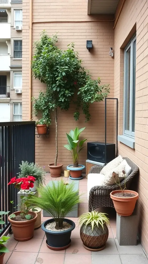 17 Creative Small Apartment Patio Ideas You’ll Love 9 A cozy corner nook on a small apartment patio with plants and a wicker chair.
