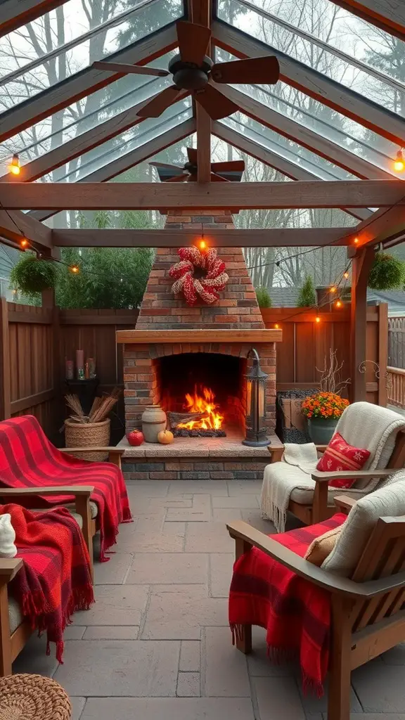 27 Cozy Outdoor Covered Patios with Fireplaces for Ultimate Comfort 9 Cozy outdoor patio with a fireplace, comfortable seating, and warm lighting.