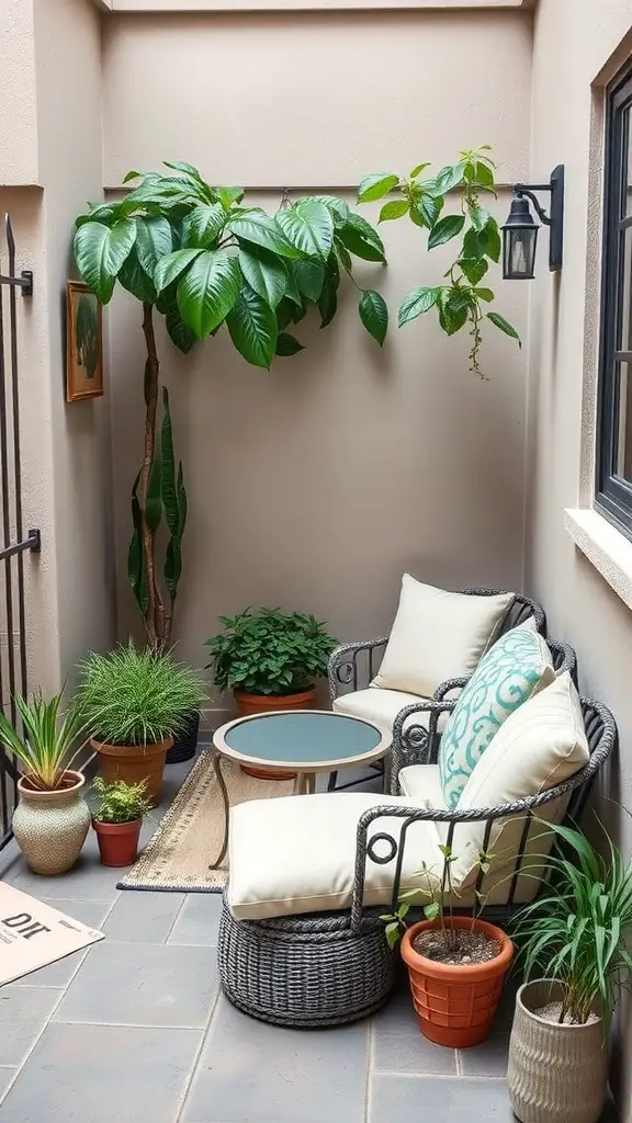 15 Creative Tiny Patio Ideas for Your Outdoor Space 7 Cozy corner seating area with plants and comfortable chairs on a tiny patio.
