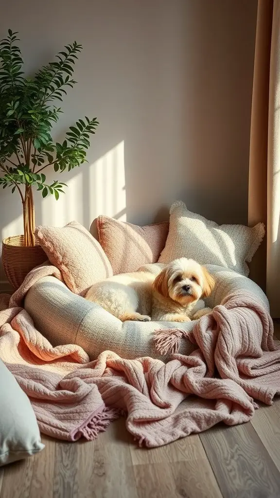 19+ Unique Dog Corner Ideas to Elevate Your Pet's Space 7 A cozy dog bed nook with a fluffy dog resting on a round bed surrounded by soft blankets and cushions, with a plant in the background.