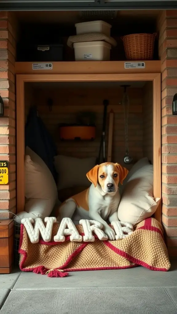 17+ Creative Dog Room Ideas for Your Garage 8 A cozy dog nook in a garage with soft bedding and a beagle sitting inside.