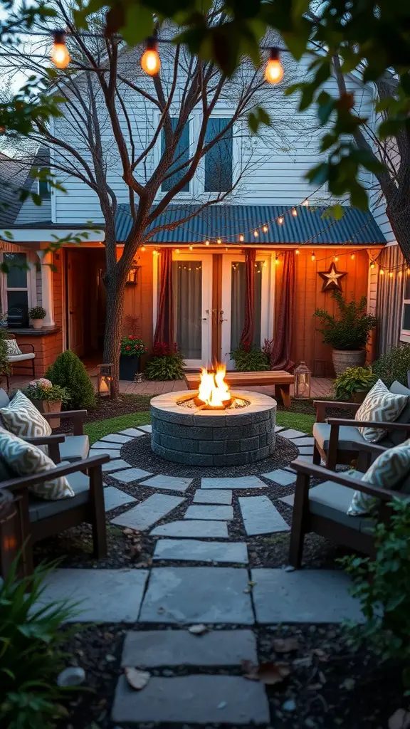 A cozy backyard fire pit area with stone seating and string lights.