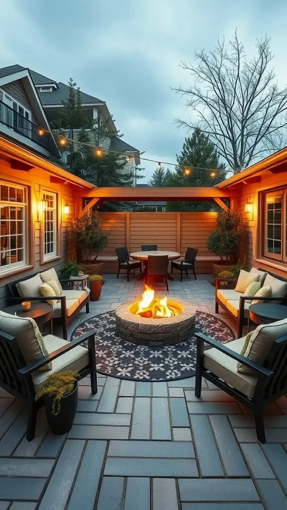 15 Inspiring Outdoor Patio Ideas for Your Dream Space 7 Cozy outdoor fire pit area with seating and string lights