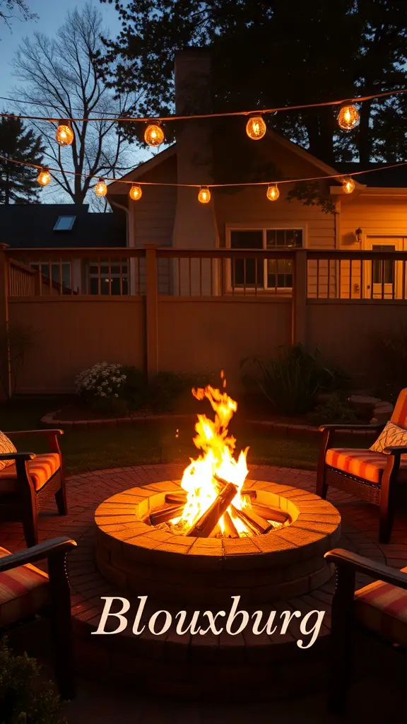 23 Amazing Backyard Ideas for Your Bloxburg Home 4 A cozy fire pit area with a stone fire pit, wooden chairs, and string lights in a backyard setting.