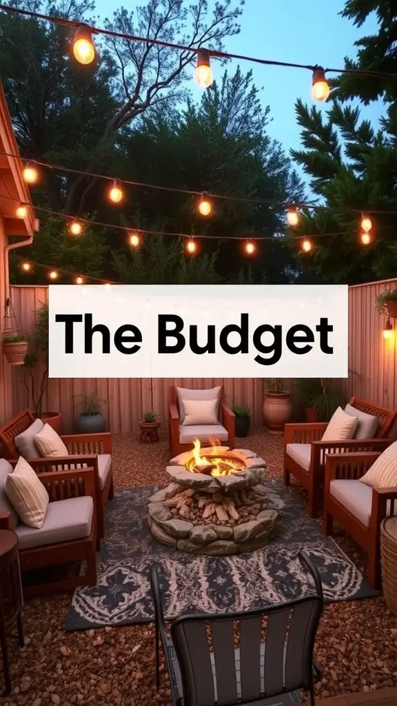 Cozy fire pit area with chairs and string lights