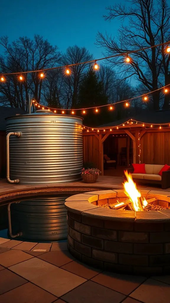 21+ Unique Stock Tank Pool Ideas for Your Backyard Oasis 2 A cozy fire pit area with a stone fire pit, a stock tank pool, and string lights in the evening.