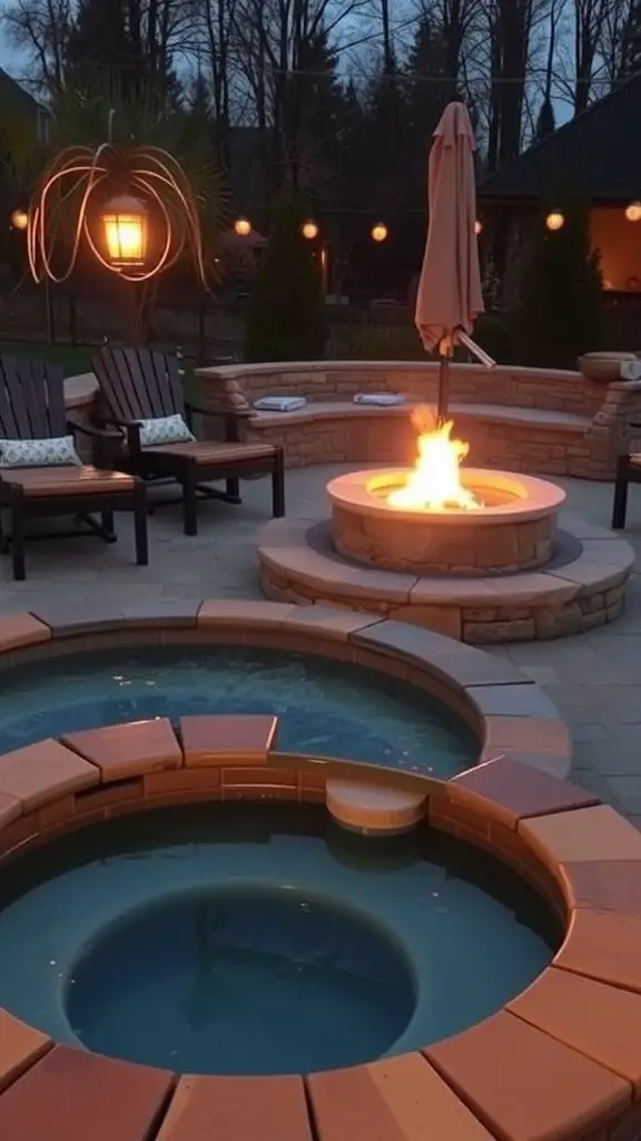 21 Amazing Hot Tub Backyard Ideas for Your Outdoor Oasis 7 A cozy fire pit lounge with a fire pit, hot tub, and comfortable seating.