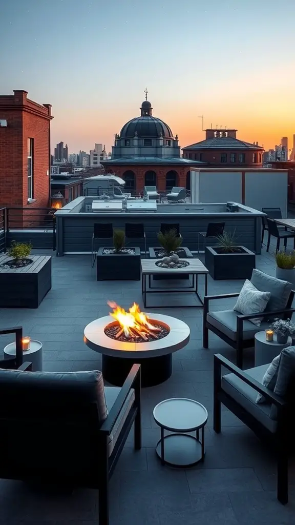 27 Stunning Rooftop Patio Designs for Your Outdoor Oasis 9 Cozy rooftop patio with a fire pit and modern seating, overlooking a city skyline at sunset.