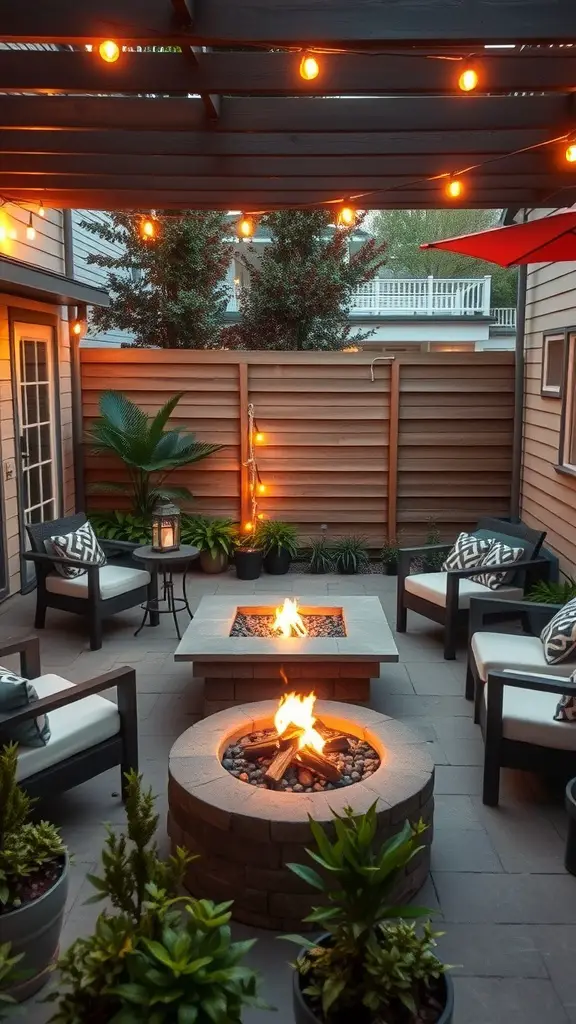 15 Charming Small Outdoor Patio Ideas for a Cozy Retreat 9 Cozy outdoor fire pit nook with seating and string lights