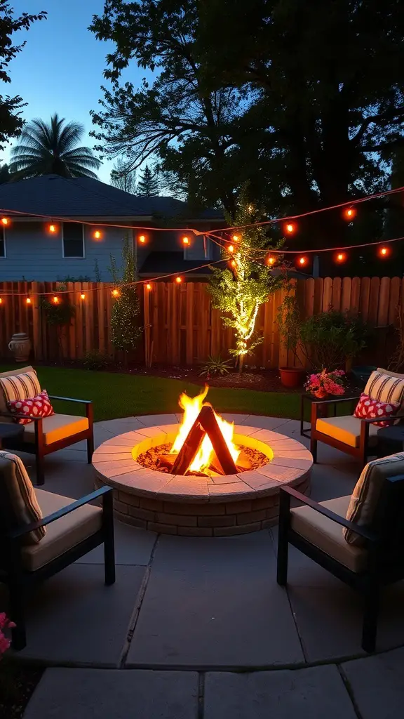 A cozy fire pit seating area with chairs around a stone fire pit, illuminated by string lights.