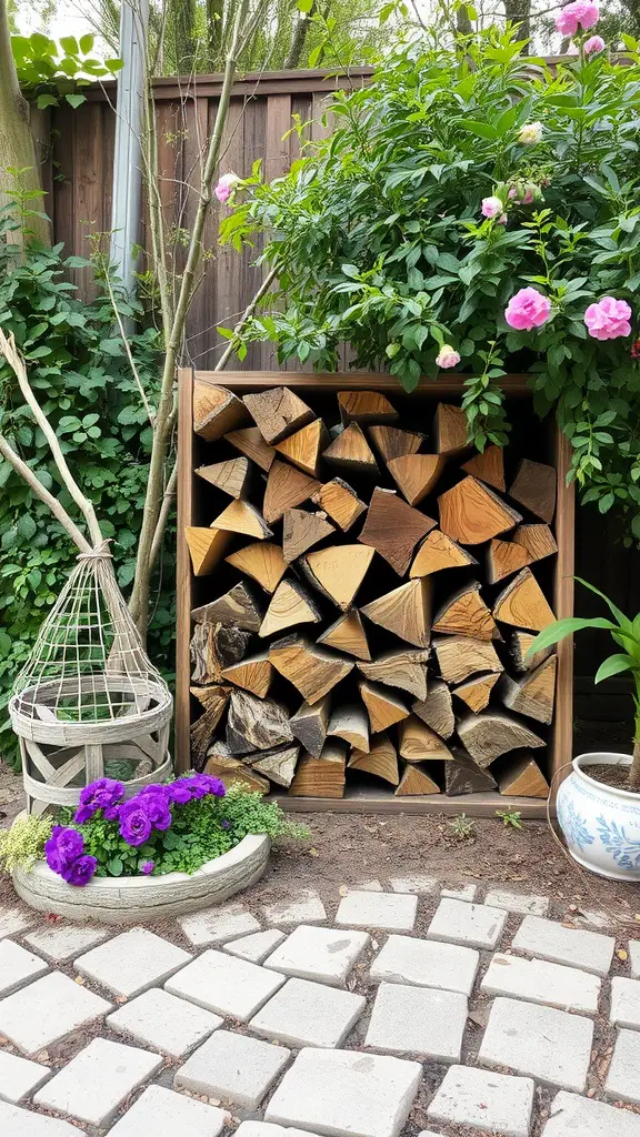 23 Stunning Dream Garden Ideas to Transform Your Outdoor Space 16 Wooden firewood storage in a garden surrounded by flowers and greenery.