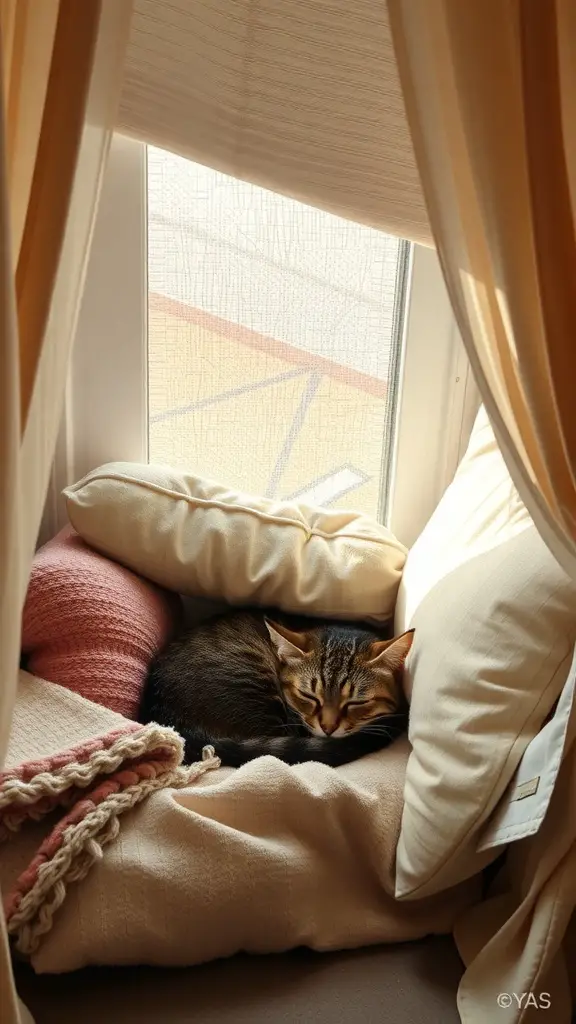 17 Purrfect Cat Apartment Ideas for Happy Felines 15 A cat sleeping on a cozy cushion by the window, surrounded by soft pillows and drapes.