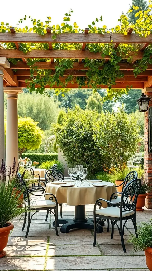 19 Stunning Mediterranean Garden Ideas You’ll Love 8 A cozy outdoor dining area with a wooden pergola, surrounded by greenery and elegant furniture.