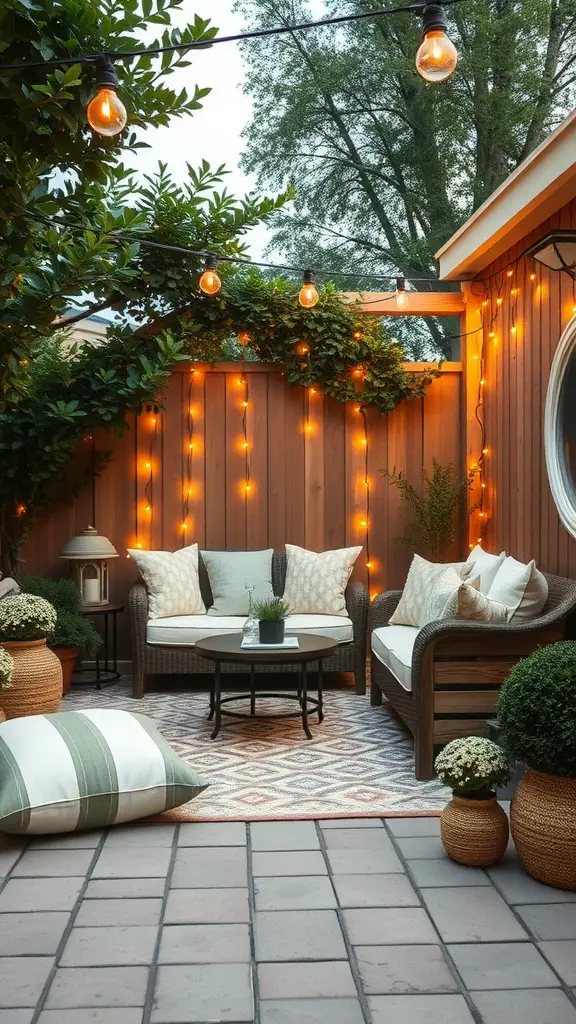 15 Must-Have Essentials for the Perfect Backyard Garden Party 2 Cozy outdoor seating arrangement with string lights and plants