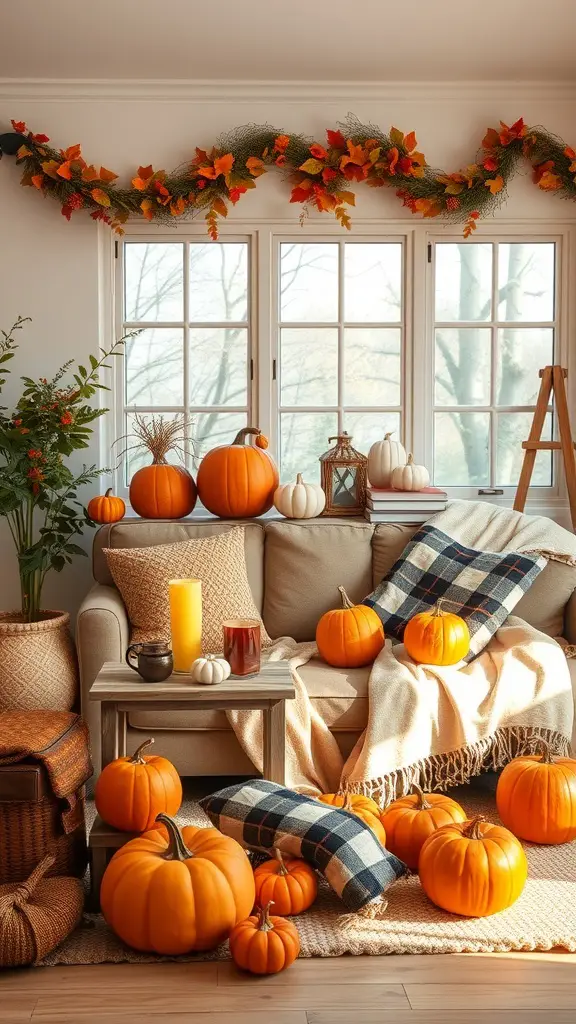 21 Adorable Pumpkin Baby Shower Ideas You’ll Love 6 Cozy living room decorated with pumpkins and autumn leaves for a baby shower