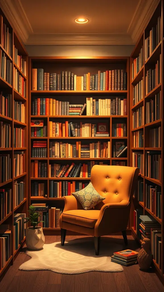 A cozy reading nook featuring an orange armchair, bookshelves filled with books, and a soft rug.