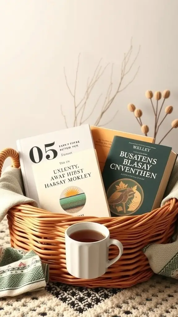 19 Creative Raffle Basket Ideas You’ll Love 12 A cozy reading nook basket with books and a cup of tea.